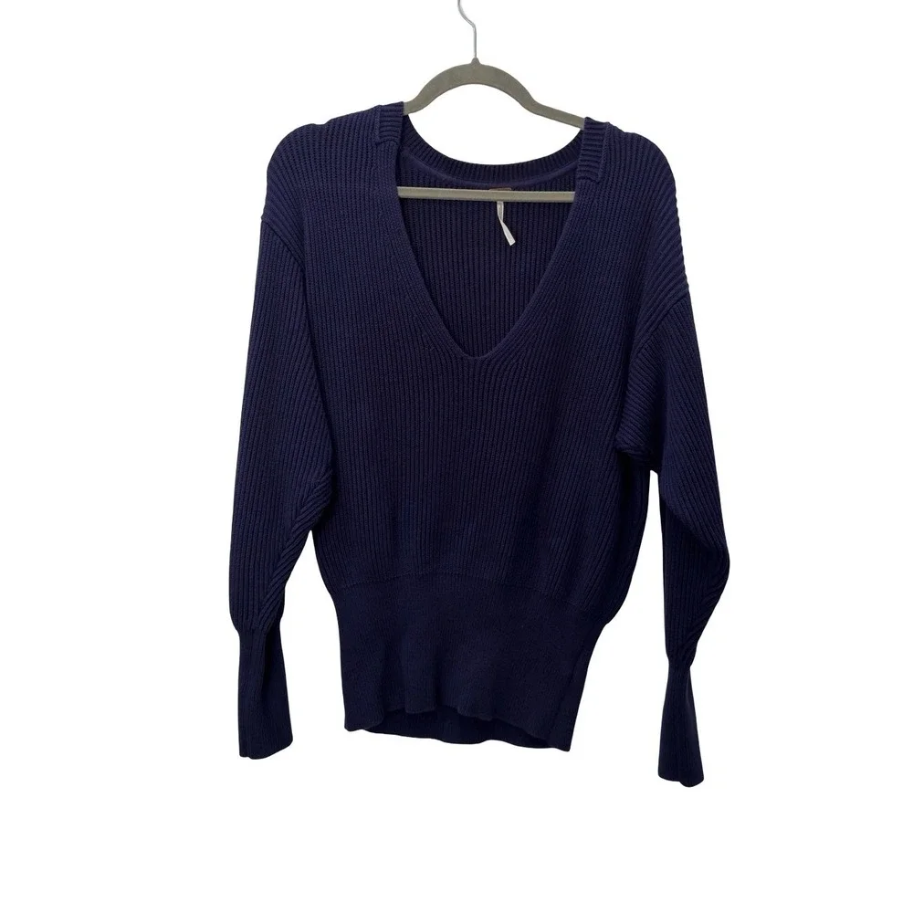 Free People Ottoman Slouchy Tunic V-Neck Ribbed Sweater Navy Blue Purple S